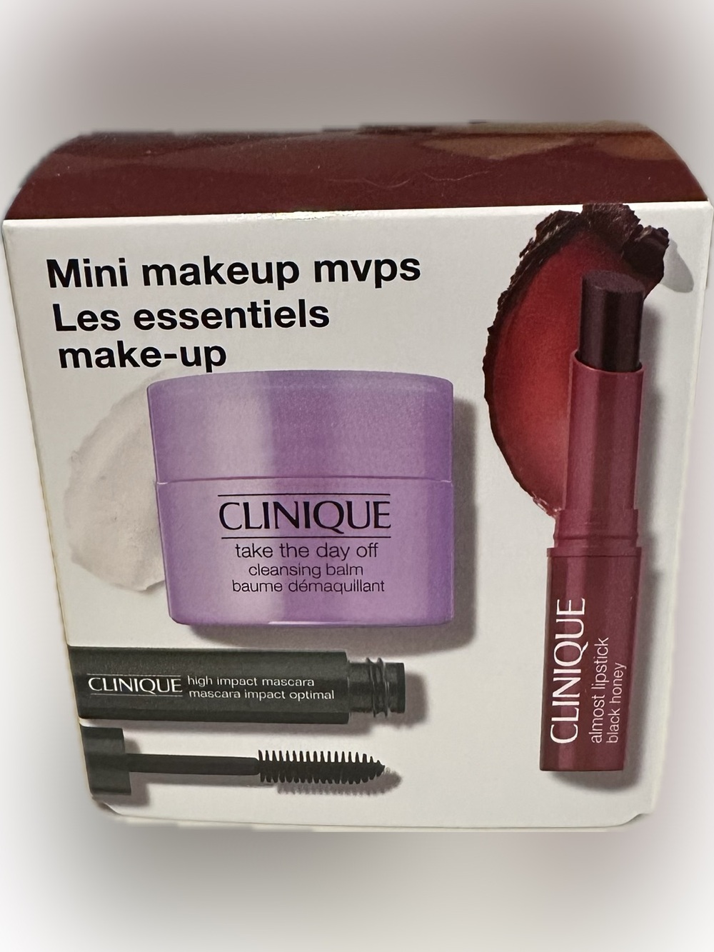 CLINIQUE MINI MAKEUP MVPs LIPSTICK BLACK HONEY HIGH IMPACT MASCARA CLEANSER BALM